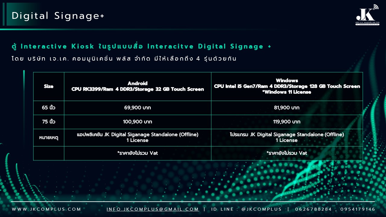 รายละเอียดสินค้า ตู้ Interactive Digital Signage Kiosk ของทางเรา ซื้อแล้วจบ ใช้งานได้จริง เพราะเรา คือ ผู้เชี่ยวชาญและให้บริการด้านสื่อและระบบ Interactive โดยตรง ดังนั้น ไม่ว่าหน่วยงานหรือองค์กรของท่านจะนำตู้และระบบ Digital Signage Kiosk ไปใช้ด้านไหน เราพร้อมตอบโจทย์ให้ท่านนำ Digital Signage Kiosk ไปใช้งานได้จริง ด้วยทีมงานที่จบครบวงจร ตั้งแต่ ทีม Creative & Design : คิดและออกแบบ สื่อให้เหมาะสมกับงานของคุณ ทั้งการคิดออกแบบระบบ ไปจนถึงการผลิตสื่อโฆษณาภาพนิ่งและเคลื่อนไหว ทั้งในรูปแบบ 2D&3D ให้ตรงจุดกลุ่มเป้าหมาย ทีมพัฒนาระบบ : พัฒนาระบบ Interactive ให้แตกต่างกว่าสื่อทั่วไป และที่สำคัญช่วยให้ท่านใช้งานได้จริงในทุกสายงาน ไม่ว่าจะเป็น ระบบแสดงสื่อข้อมูลทั่วไป, ระบบแสดงผลคิวร้านค้าและหน่วยงาน, ระบบ Interactive 3D เพื่อแสดงแผนผังอาคาร สถานที่ หรือ ขายโครงการอสังหาริมทรัพย์ บ้านและคอนโด เป็นต้น ทีมดูแลและติดตั้งระบบ : เรามีทีมงานที่พร้อมดูและระบบทั้ง Hardware และ Softeware ให้ท่านใช้งานได้อย่างมีประสิทธิภาพสูงสุด รวดเร็ว ทันใจ ปลอดภัยหายห่วง ทำไมถึงต้องเลือกใช้ ตู้ Interacitve Digital Signage Kiosk + ของทางเรา ? “เราไม่ได้เพียงขายแต่ Hardware แล้วจบ แต่ Hardware เราต้องใช้งานได้จริง” หลายหน่วยงานมักเจอปัญหา มี Hardware ตู้ Digital Signage แล้ว แต่ไม่สามารถใช้งานได้เต็มประสิทธิภาพ เพราะไม่มีระบบโปรแกรมหรือแอปพลิเคชัน มารองรับการใช้งานได้จริง แต่สำหรับ JK Communication Plus เราแตกต่าง เพราะเราให้ความสำคัญตั้งแต่ Software ไปจนถึง Hardware แบบครบวงจร เพื่อให้ท่านได้ใช้งานอุปกรณ์ได้อย่างเต็มประสิทธิภาพ ตัวอย่างเช่น